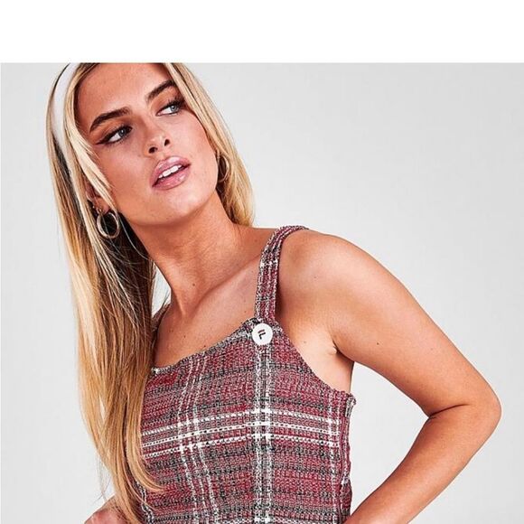Fila Jester Italia Plaid Tweed Red White Square Neck Crop Tank Top Raw Hem XS - Picture 2 of 11